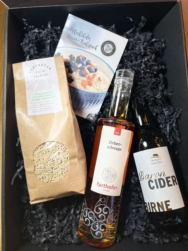 Zirbenschnaps, Cider Birne und Getreide Nackthafer im Geschenkkarton